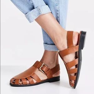 ASOS Design Monika Fisherman Flat Shoes in Tan, size 8